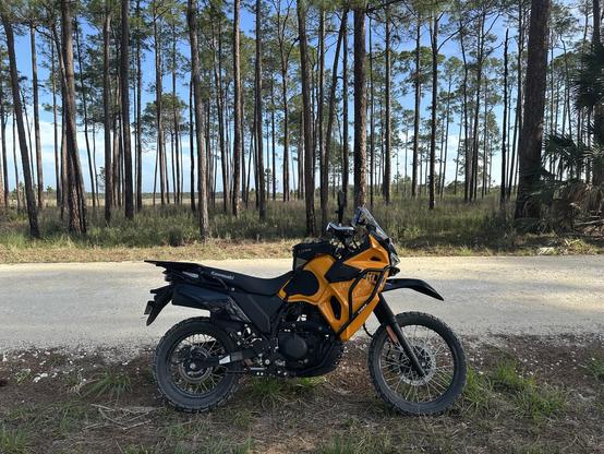 An orange dual-sport motorcycle, parked on the side of a dirt road. There are trees in the background, and through the spaces in them you can see a grassy prairie.