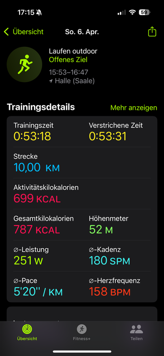 Screenshot Trainingsdetails. Laufzeit 0:53:18 Strecke 10 km, Leistung 251 Watt, ⌀ Pace 5‘20“ / km, Herzfrequenz 158 bpm