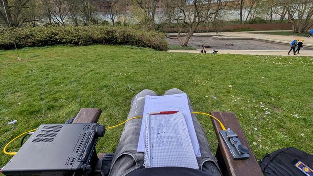 First person view of my activation setting. The CW Morse straight key is on the right armrest. Transceiver on the left.