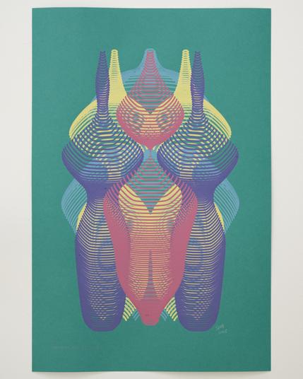 An abstract painting produced by a robotic pen plotter using a generative algorithm. Yellow, teal, red, and purple acrylic paint produce a curving, lenticular form on green paper.