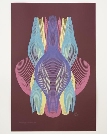 An abstract painting produced by a robotic pen plotter using a generative algorithm. Yellow, teal, red, and purple acrylic paint produce a curving, lenticular form on maroon paper.