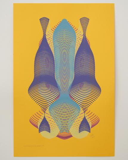 An abstract painting produced by a robotic pen plotter using a generative algorithm. Yellow, teal, red, and purple acrylic paint produce a curving, lenticular form on yellow paper.