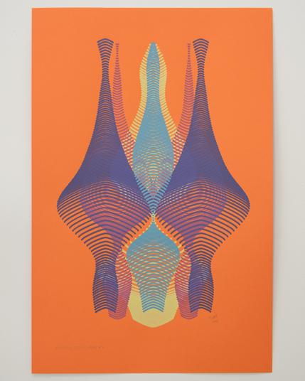 An abstract painting produced by a robotic pen plotter using a generative algorithm. Yellow, teal, red, and purple acrylic paint produce a curving, lenticular form on orange paper.