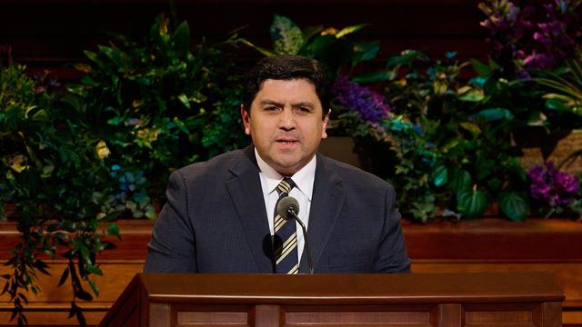 Elder Sergio R. Vargas speaks from the pulpit during the Saturday Evening Session of the 195th Annual General Conference of The Church of Jesus Christ of Latter-day Saints.