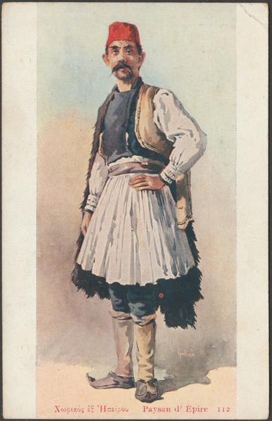 Printed colour postcard showing an illustration by Giollinà of a peasant wearing the typical costume of the Epirus region of Greece.

Published by Γ Ἀθπιώτη, Κέρκυρα [C Anthony, Corfou], No 112, c.1910s.

Postally unused.

Good condition, with slight corner bumps, but small crease to top right corner.