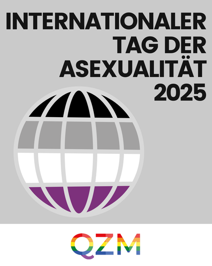 Grafik im Hochformat. Text in schwarzer Schrift: "Internationaler Tag der Asexualität 2025". Der Hintergrund ist grau. Unter der Schrift eine stilisierte Discokugel in den Farben der Asexualitäts-Pride-Flag: Schwarz, Grau, Weiß, Lila. Der unterste Teil der Grafik ist weiß hinterlegt. In diesem Teil zentriert das Logo des Queeren Zentrums Mannheim, die Buchstaben Q Z M in Regenbogen-Farben.