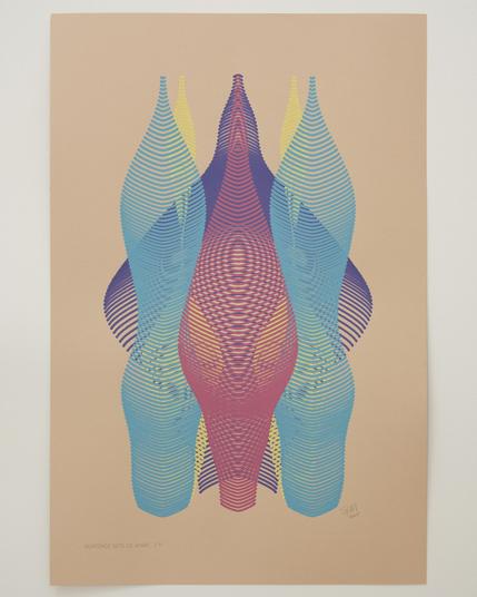 An abstract painting produced by a robotic pen plotter using a generative algorithm. Yellow, teal, red, and purple acrylic paint produce a curving, lenticular form on tan paper.