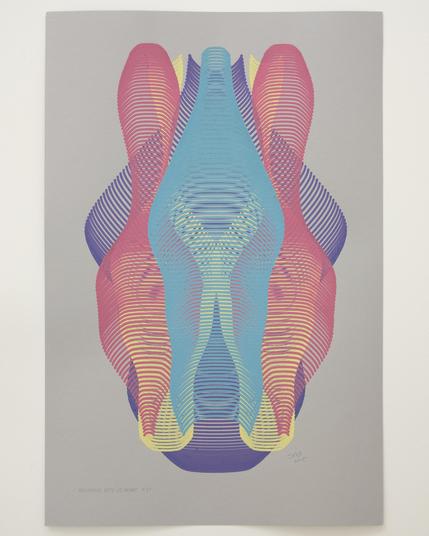 An abstract painting produced by a robotic pen plotter using a generative algorithm. Yellow, teal, red, and purple acrylic paint produce a curving, lenticular form on gray paper.