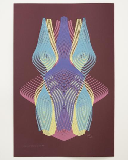 An abstract painting produced by a robotic pen plotter using a generative algorithm. Yellow, teal, red, and purple acrylic paint produce a curving, lenticular form on maroon paper.