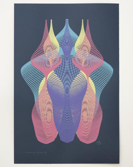 An abstract painting produced by a robotic pen plotter using a generative algorithm. Yellow, teal, red, and purple acrylic paint produce a curving, lenticular form on dark blue paper.