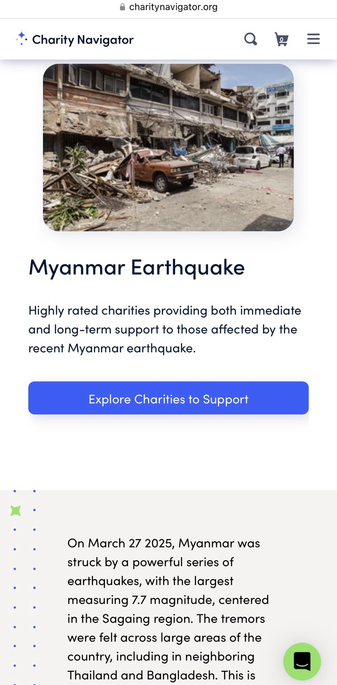 Screenshot of page from Charity Navigator’s website showing list of their recommendations of charities to aid victims of the Myanmar Earthquake.