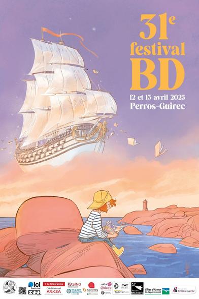 Poster annonçant le 31e festival BD à Perros-Guirec, prévu du 12 au 13 avril 2025. Une fille aux cheveux roux, portant un chapeau jaune et une chemise rayée, s'assoit sur des rochers roses typiques de la région