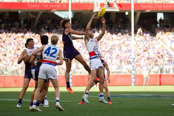 Sam Darcy goes high for a mark for Fremantle. Credit: Dave Woodley for AFANA