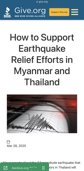 Screenshot of page from the Better Business Bureau’s Wise Giving Alliance website showing list of their recommendations of charities to aid victims of the Myanmar Earthquake.