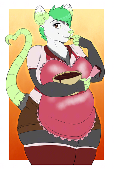 A thigh up sketch of Mint, a chubby possum girl with green accents, standing in the kitchen with a big bowl of cake batter while licking a small bit from her finger. She's dressed in her cafe uniform consisting of an off-white and maroon blouse, matching thigh-high stockings, and brown shorts, covered by a pink apron covered in flour.
