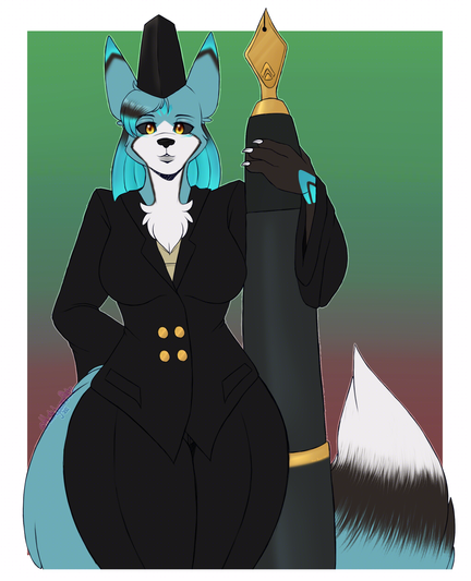 A thigh up sketch of Winter, an anthro blue and black Taomon dressed in a black business suit and carrying a giant pen (instead of a paintbrush).
