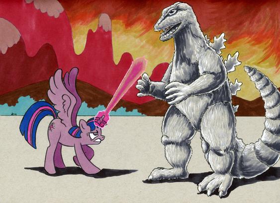 Hand drawn illustration of twilight sparkle the My Little Pony character, a purple alicorn, about to fire a magic blast from her horn at a classic black and white Godzilla figure towering over her. The background is my little pony-esque but in reddish hues.