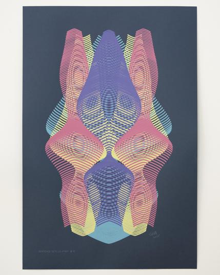 An abstract painting produced by a robotic pen plotter using a generative algorithm. Yellow, teal, red, and purple acrylic paint produce a curving, lenticular form on dark blue paper.