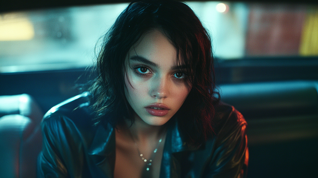 Lueur de Minuit.
Portrait intense et cinématographique d'une femme au regard perçant, assise à l’arrière d’une voiture sous les lueurs urbaines, ambiance rétro et mystérieuse.
Cinematic and intense portrait of a woman with a piercing gaze, sitting in the backseat of a car under moody urban lights with a retro, mysterious vibe.