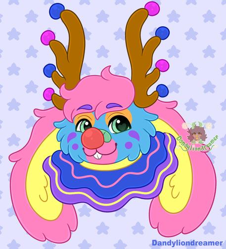 a headshot of a jackalope clown fursona, the antlers have blue and purple pompoms on them, their hair is pink, their face fur is blue, they have orange, purple, and pink clown makeup on, there is a red nose and teal bandaid above the nose, their ears are pink with yellow in the middle, theyre wearing a blue and purple neck ruffle
