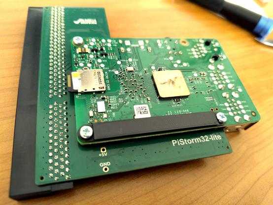 A PiStorm32 Lite with mounted Raspberry Pi 3B (back side)