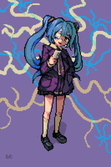 pixel art depicting Hatsune Miku wearing a jacket and eye patch, while holding a cell phone. the background shows a pattern similar to nerve cells.