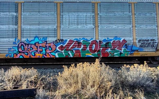 Train car with graffiti rolling through Kamloops BC Canada