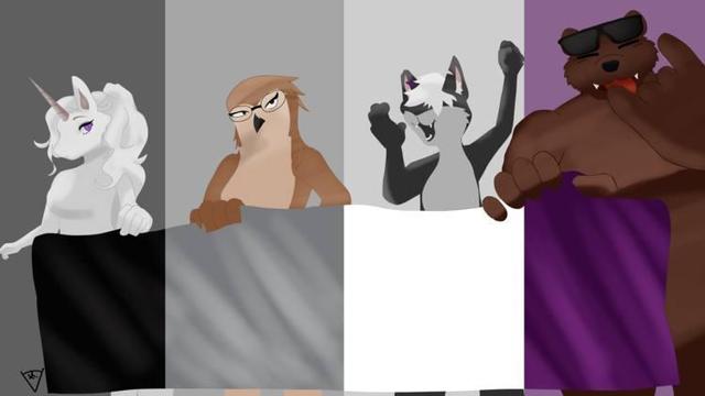 In this vibrant illustration, a majestic unicorn, a wise owl, an outgoing cat, and a friendly bear hold a giant asexual flag with bright black, gray, white, and purple stripes, symbolizing pride and unity within the asexual community.