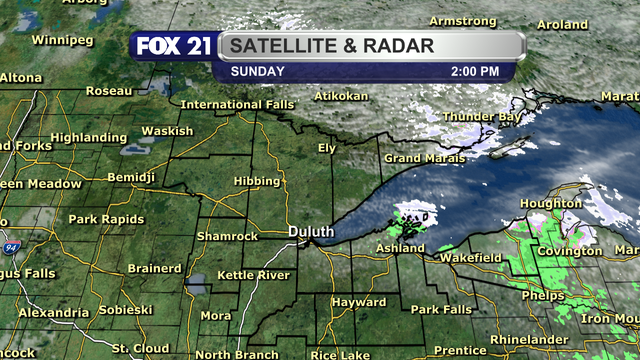 The satellite and radar over the Northland at 2 p.m. on Sunday, April 6, 2025, shows most locations with clear skies or a few spotty cloud patches.  The tip of the Arrowhead and the South Shore snowbelt regions are dealing with more cloud cover and some light snow showers.