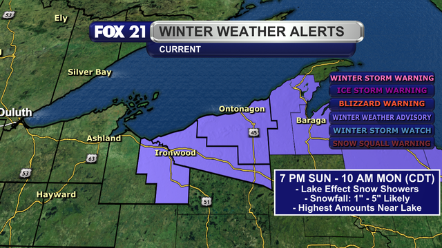 A Winter Weather Advisory is in effect for Gogebic, Iron, and Ontonagon counties from 7 p.m. Sunday, April 6, 2025, through 10 a.m. Monday, April 7, 2025 (Central Daylight Time).  Lake effect snow showers will pass over this region, bringing snowfall totals of 1 to 5 inches likely.  The highest totals will be closest to Lake Superior.