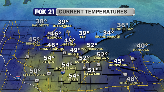 Temperatures in the Northland just before 2 p.m. on April 6, 2025, range from 34 to 54 degrees Fahrenheit.  Most locations are in the 40s and lower half of the 50s.