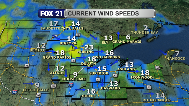 Wind speeds in the Northland just before 2 p.m. on April 6, 2025, range from 6 to 23 mph.  Wind direction is primarily from the west, northwest, and north.
