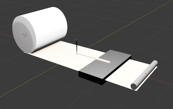 Image shows a 3D rendering of a DIY seismograph showing a roll of paper being fed through a slotted piece of wood on which is an arm holding a pen on top of the paper. At the other end of the paper strip is a roller meant to signify a pick up reel for the paper.