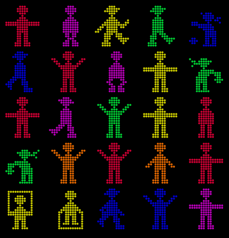 5 by 5 grid of traffic light figures ("Ampelmännchen"), showing walking and halting males, but also children, not only in green and red but also in yellow, blue, purple and orange. The figures consist of about 18 by 18 round pixel-like dots.