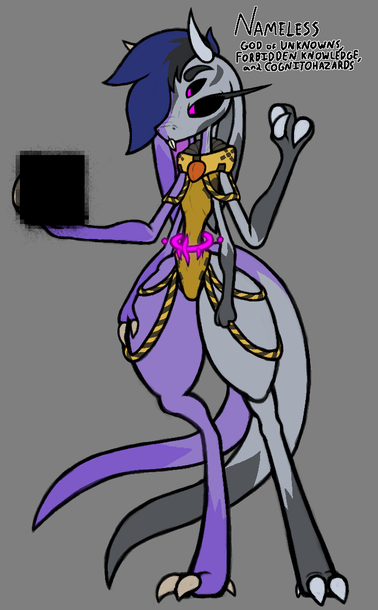 An purple and greyscale alien deity, their colors split down the middle, with two tails, four arms, and (presumably) four eyes, dressed in hazard-colored garb with a halo as a belt, holds a █████.
The text labels them as "Nameless, god of unknowns, forbidden knowledge, and cognitohazards.
