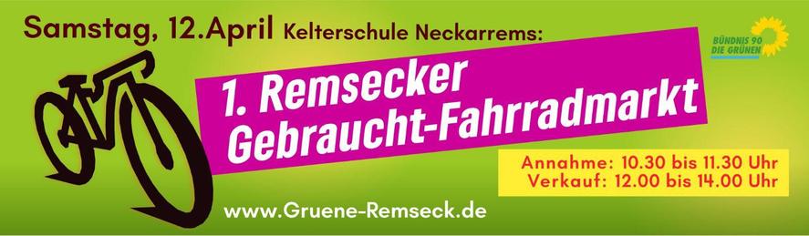 Man sieht ein Banner, das für den 12.04.'25 zum ersten Remsecker Gebraucht -Fahrradmarkt einlädt
