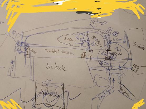 Man sieht ein sehr skizzenhaft mit Kugelschreiber auf A4 ausgeführten Lageplan der Kelterschule Neckarrems