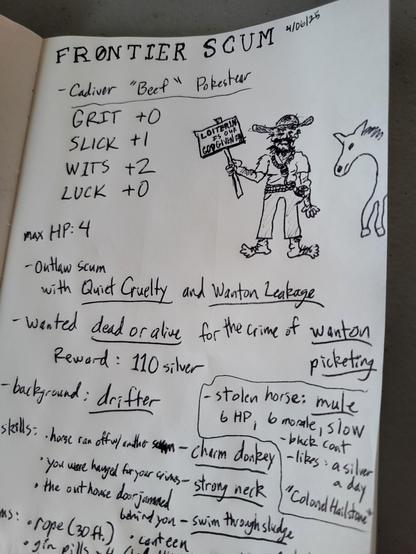Journal page with a handwritten character sheet for Frontier Scum, with stats like Grit, Slick, Wits, and Luck. A doodle of the character, a barefoot drifter in a straw hat, with a scraggly beard, holding a sign, a noose hanging from his neck.
