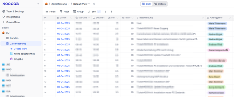 Nocodb Screenshot im mir einer Tabelle