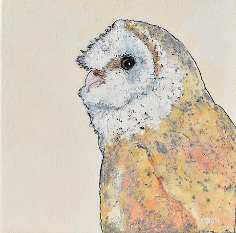 Oil painting side view portrait of an Australian Masked Owl. The owl has a white heart shaped mask around its face, This barn owl was painted with a palette knife in oils and silver metallic pigment.