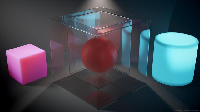 Coloured cubes and shapes in a lit misty scene