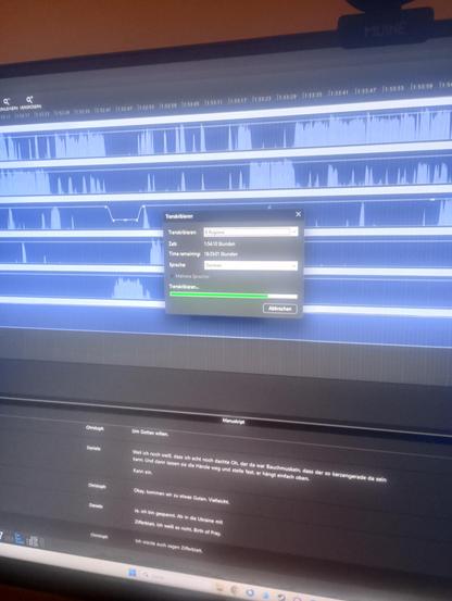 Eine Audio Software Oberfläche mit einem Fenster in dem der Fortschritt der Transkription angezeigt wird