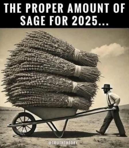 Long Description:

The image is a vintage-style black-and-white photograph showing a man pushing a wheelbarrow with an enormous stack of bundled sage. The bundles are neatly tied and stacked high, appearing oversized in comparison to the wheelbarrow. The man is wearing a hat, shirt with suspenders, and pants, giving an old-fashioned appearance. The background is a plain, open landscape with a cloud in the sky above. The image has a humorous tone, suggested by the size of the sage stack relative to the wheelbarrow and the man.



Transcribed Text:

THE PROPER AMOUNT OF SAGE FOR 2025... @TRUTHTHEORY