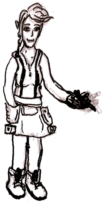 Ink on pencil drawing of a woman with shorter hair (except for one braid), a vest, a multi-pocketed skirt, and think boots.