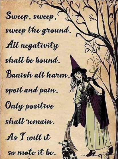 A charming, vintage-style illustration depicts a kindly witch sweeping with her broom, accompanied by a black cat. The scene is set against a whimsical, gnarled tree. A poem in elegant script overlays the image, expressing the theme of cleansing negativity and welcoming positivity.  The overall mood is hopeful and slightly spooky, perfect for Halloween or autumnal themes; it conveys the power of positive intention with a touch of magical whimsy.