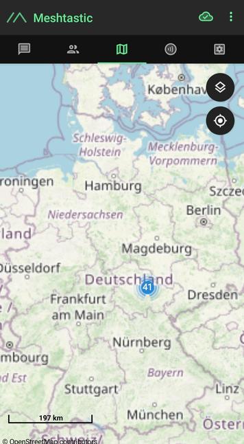 Screenshot der Meshtastic App zeigt die Deutschlandkarte. In der Mitte #Thüringen mit 41 auf der Karte sichtbare Nodes.
