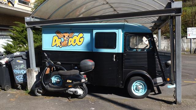 Ein schwarzer-hellblauer Citroën HY mit einem Logo darauf, bei dem man in grossen gelben, comicartigen Lettern "Dr. Dog" liest. Dazwischen ist ein kleiner, hellbrauner Hund mit grossen Ohen und einem kleinen Namensschild "HOT" am roten Halsband.

Das gleiche Logo findet sich auch in sehr klein auf dem schwarzen Motorroller, der vor der hinteren Hälfte des HYs steht.