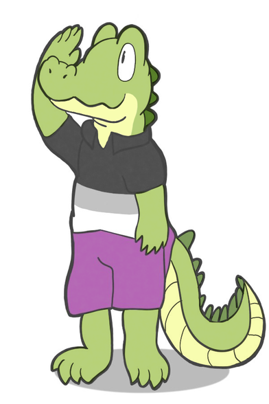An alligator named Relish faces left and salutes the audience. He wears a shirt with black, gray, and white stripes. He wears purple shorts. Together they make up the colors of a flag.