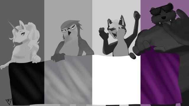 In this whimsical grayscale illustration, a majestic unicorn, a wise owl, a sassy cat, and a friendly bear hold a giant asexual flag with vibrant black, gray, white, and purple stripes, celebrating the unity and support within the asexual community.