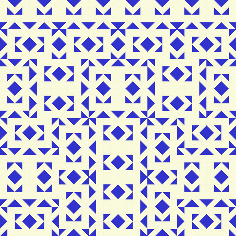 Hilbert curve made from half-square triangles in blue and white. This one looks like there are rectangles with diamonds centered and framed in them.